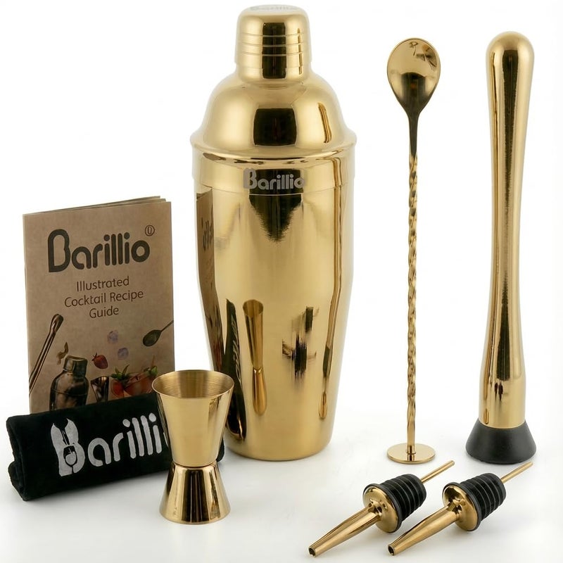 barillio طقم باريللو جولد ميكسولوجي - 8 قطع طقم خلط كوكتيل من الفولاذ المقاوم للصدأ مع حقيبة - مجموعة أدوات بار مع شاكر مارتيني، ملعقة خلط مشروبات ومهدم موهيتو للكوكتيلات، صبّات وجيجر - Image 1